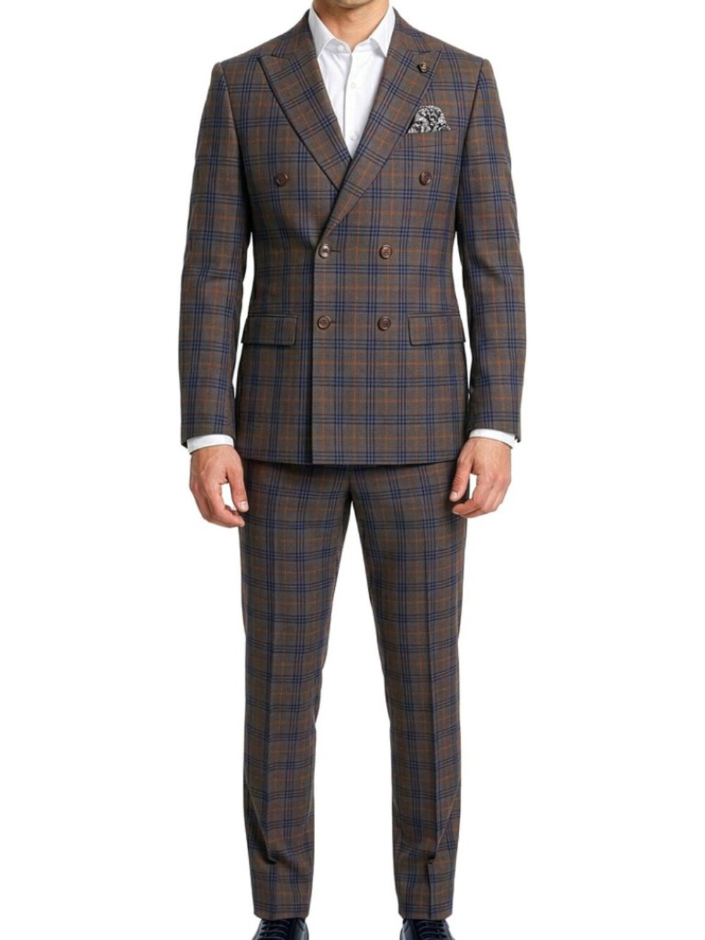 Brown Double Breasted Plaid Peak Lapel Stacy Adams Men's Suit